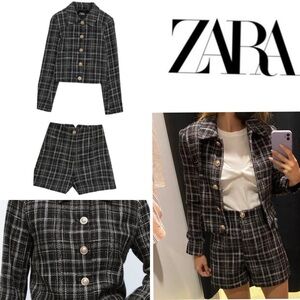 Zara Tweed Black Ecru Textured Plaid Jacket Shorts Set size Medium $145